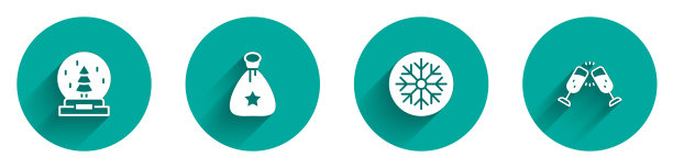 设置圣诞雪花球，圣诞老人包礼物，雪花和香槟图标长阴影玻璃。向量图片下载