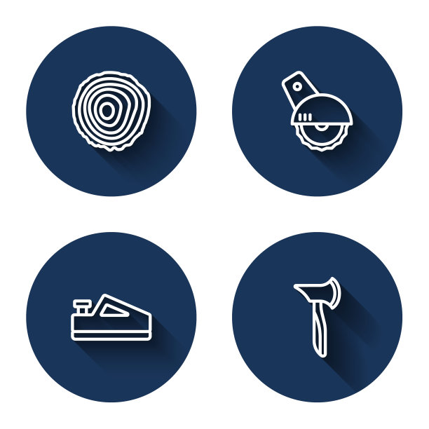 树轮、电圆锯、木刨刀、长影木斧。蓝色圆按钮。向量图片下载