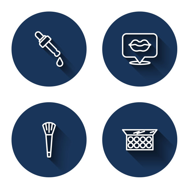 配有吸油管、微笑唇、化妆刷和长阴影化妆镜。蓝色圆按钮。向量图片下载