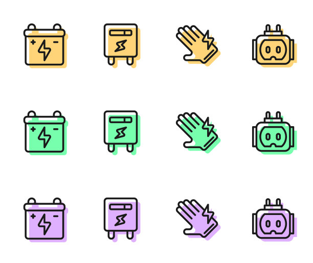 设置线电动手套，汽车电池，仪表和三通插头电动图标。向量图片下载