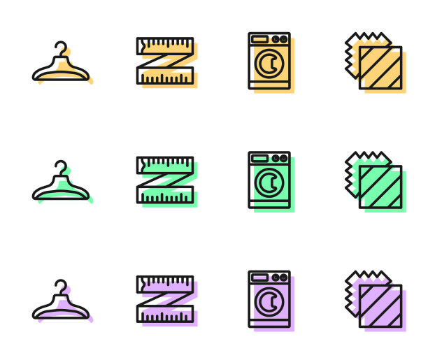设置线洗衣机，衣架衣柜，卷尺和层服装纺织图标。向量图片下载