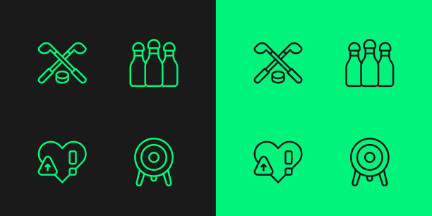 设定线目标运动，心率，冰球棍和冰球和保龄球瓶图标。向量图片下载