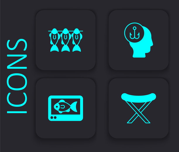 设置野营折叠椅，干鱼，渔民和取景器回声回声图标。黑色方形按钮。向量图片下载