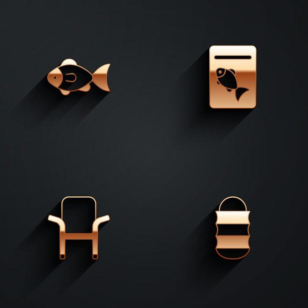 设置鱼，盛在盘子里的鱼，野营折叠椅和鱼网图标与长阴影。向量图片下载