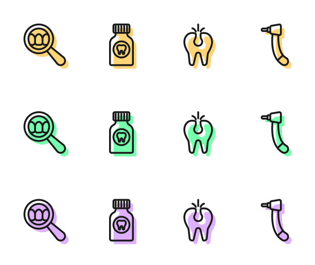设置“断牙”、“牙齿搜索”、“牙痛止痛片”和“钻”图标。向量图片下载