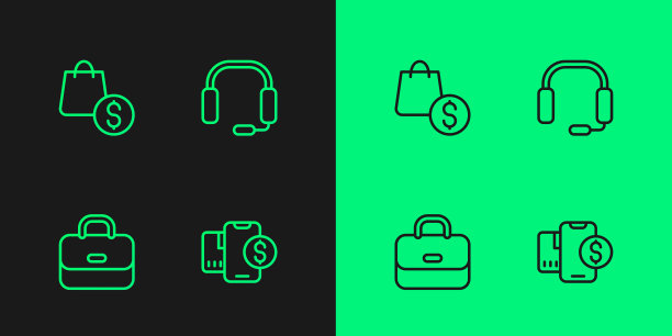设置线移动与美元，公文包，购物袋和耳机图标。向量图片下载