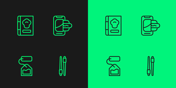 在移动图标上设置在线的食物筷子，茶包，烹饪书和订购。向量图片下载