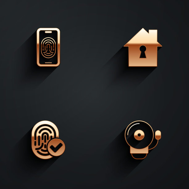 手机设有指纹扫描器，房屋被保护，指纹和长阴影响铃报警图标。向量图片下载