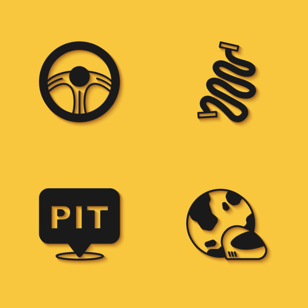 设置赛车方向盘，头盔，维修站和赛道图标与长阴影。向量图片下载