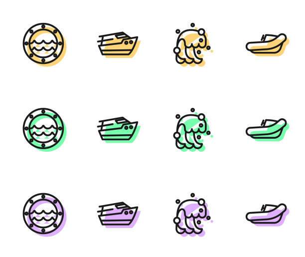 设置线路海啸，船舷窗，快艇和充气与马达图标。向量图片下载