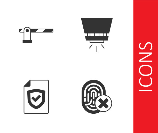 设置取消指纹，停车屏障，合同与盾牌和消防喷淋系统图标。向量图片下载