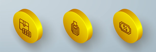 设置等距线项目价格标签美元，POS终端和折扣百分比图标。向量图片下载