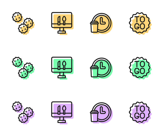 设置线全天候递送，饼干或饼干，在线订购食品和咖啡杯去图标。向量图片下载