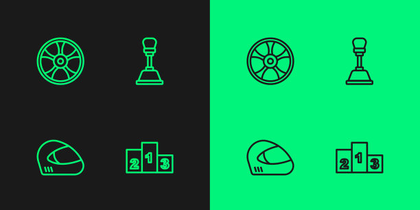 设置线奖在运动冠军领奖台，赛车头盔，合金车轮的汽车和变速杆图标。向量图片下载