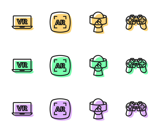 设置线上虚拟现实眼镜，增强AR和手柄图标。向量图片下载