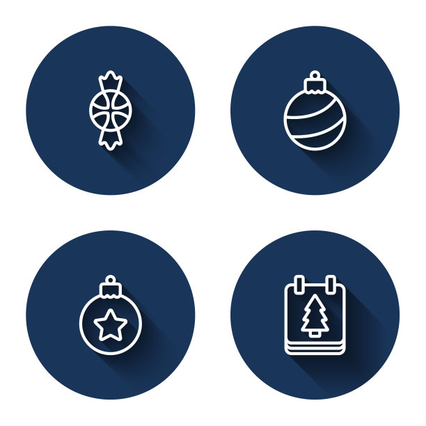 设置线糖果，圣诞舞会，和日历与长影子。蓝色圆按钮。向量图片下载