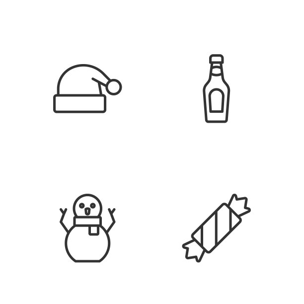 设置线糖果，圣诞雪人，圣诞老人的帽子和香槟瓶的图标。向量图片下载