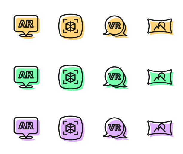 设置线上虚拟现实，增强AR, 3d建模和广角图片图标。向量图片下载