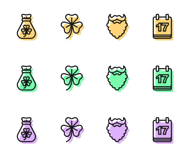 设置线胡子和胡须，钱袋三叶草，三叶草三叶和圣帕特里克日日历图标。向量图片下载