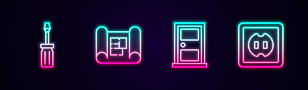 设置线螺丝刀，房屋平面图，关闭门和插座。发光的霓虹灯图标。向量图片下载