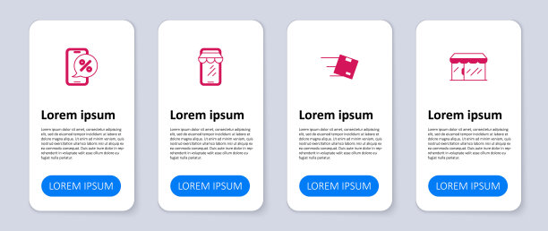 设置市场商店，位置与纸箱，网上购物电话和百分之百的折扣。业务信息模板。向量图片下载