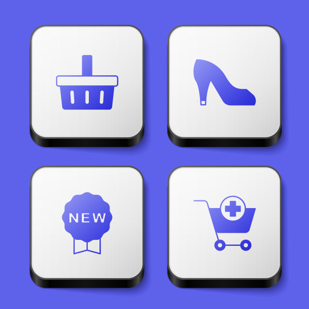 设置购物篮，妇女鞋，价格标签与新的和添加到购物车图标。白色正方形按钮。向量图片下载