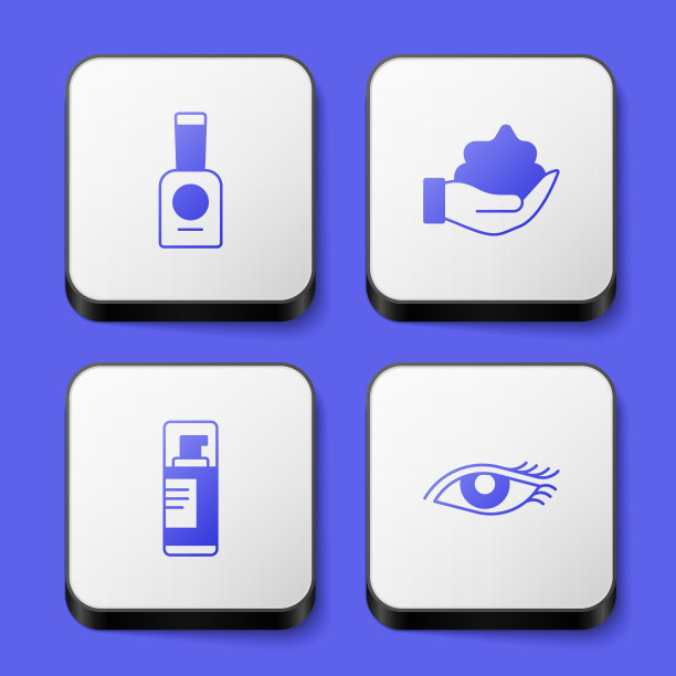 设置一瓶指甲油，剃须泡沫在手，凝胶和女人的眼睛图标。白色正方形按钮。向量图片下载