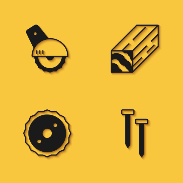 设置电动圆锯，金属钉，圆形刀片和木梁图标与长阴影。向量图片下载