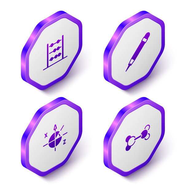 设置等距算盘，铅笔与橡皮擦，三角圈和分子图标。紫色的六角按钮。向量图片下载