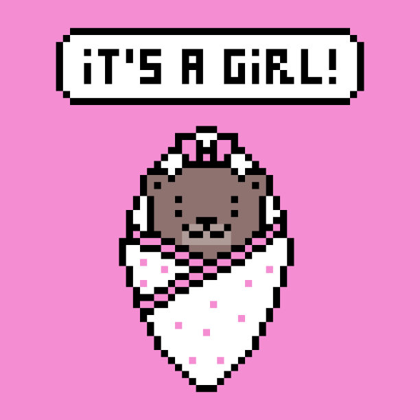 8位像素艺术这是一个女孩引用印刷。粉红色背景的睡袋里刚出生的小熊。宝宝送礼会贺卡设计。生日贺词明信片。出生宣布横幅图片下载