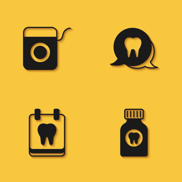设置牙线，牙痛片，日历与牙齿和图标与长阴影。向量图片下载