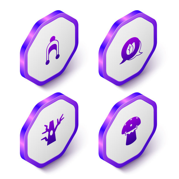 设置等距冬季帽子，叶子，裸树和蘑菇图标。紫色的六角按钮。向量图片下载