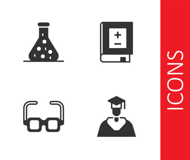 设置毕业和毕业帽，试管，眼镜和书的数学图标。向量图片下载