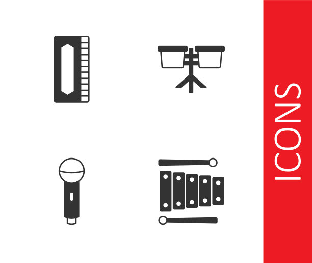 设置木琴，口琴，麦克风和邦戈鼓图标。向量图片下载