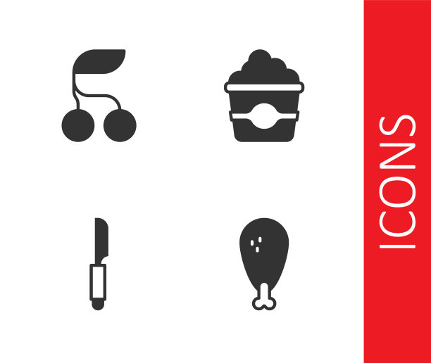 设置鸡腿，新鲜浆果，刀和爆米花在纸箱图标。向量图片下载