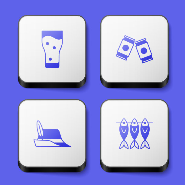 设置玻璃啤酒，啤酒罐，啤酒节的帽子和干鱼图标。白色正方形按钮。向量图片下载