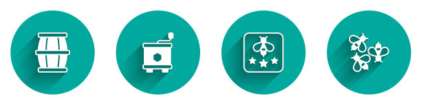 设置木桶蜂蜜，蜂蜜提取器，类型的蜜蜂和蜜蜂图标与长阴影。向量图片下载