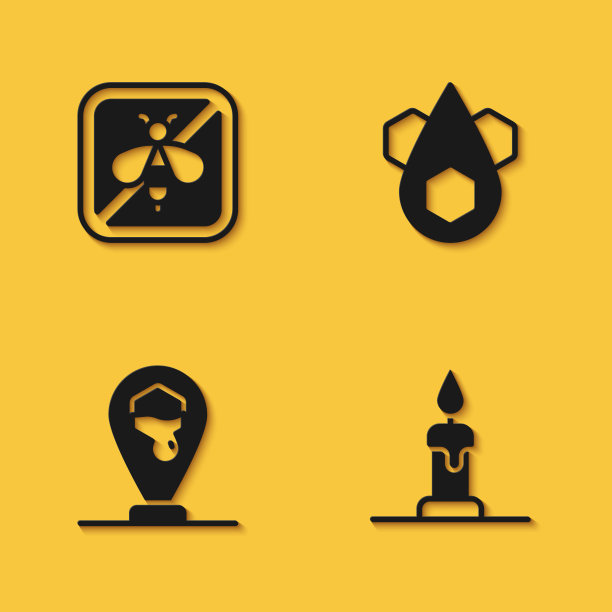 设置停止蜜蜂，燃烧蜡烛，蜂巢位置和图标长阴影。向量图片下载