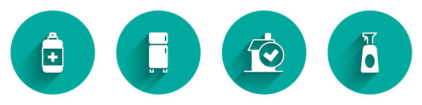 设置抗菌肥皂，冰箱，家庭清洁服务和清洁喷雾与清洁剂图标长阴影。向量图片下载