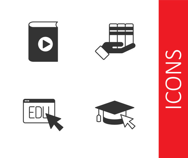 设置毕业帽游标，有声书，在线教育和图书捐赠图标。向量图片下载