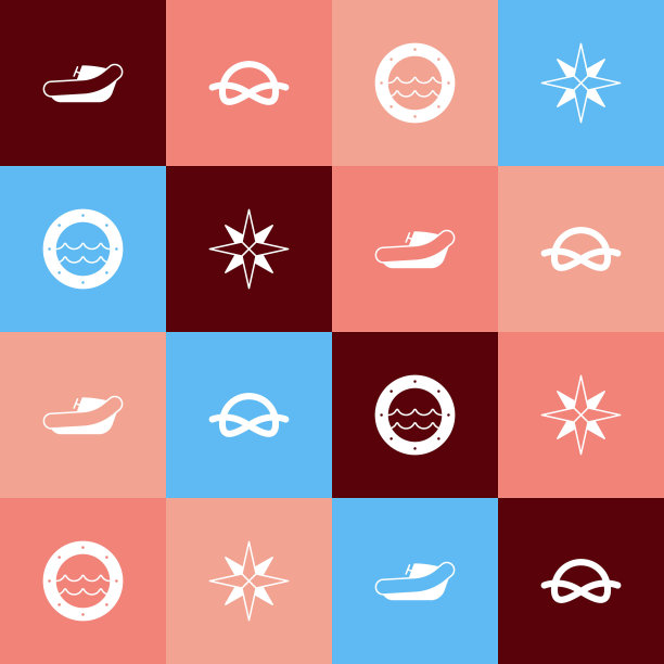 设置流行艺术充气船与马达，航海绳结，船舶舷窗和风玫瑰图标。向量图片下载