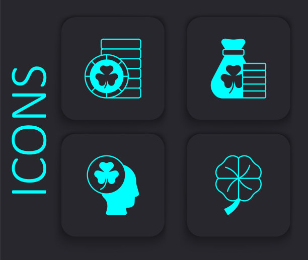 设置四叶三叶草，金色的小妖精硬币，钱袋与三叶草图标。黑色方形按钮。向量图片下载