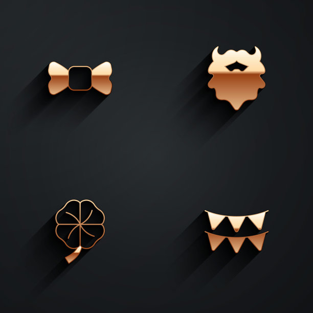 设置蝴蝶结，胡子和胡子，四叶三叶草和嘉年华花环与旗帜图标与长影子。向量图片下载