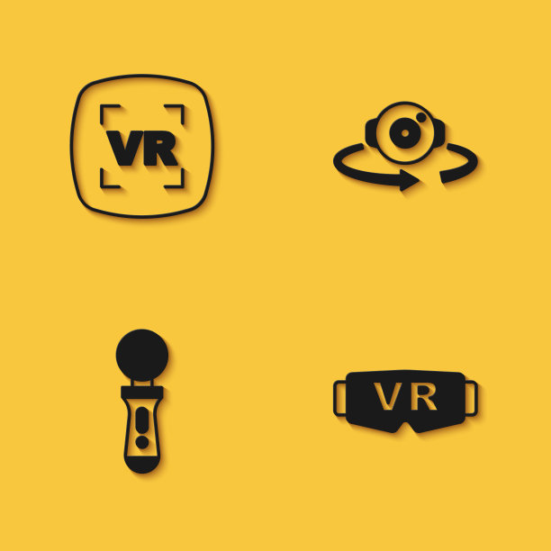 设置虚拟现实，眼镜，VR控制器游戏和360度长阴影视图图标。向量图片下载