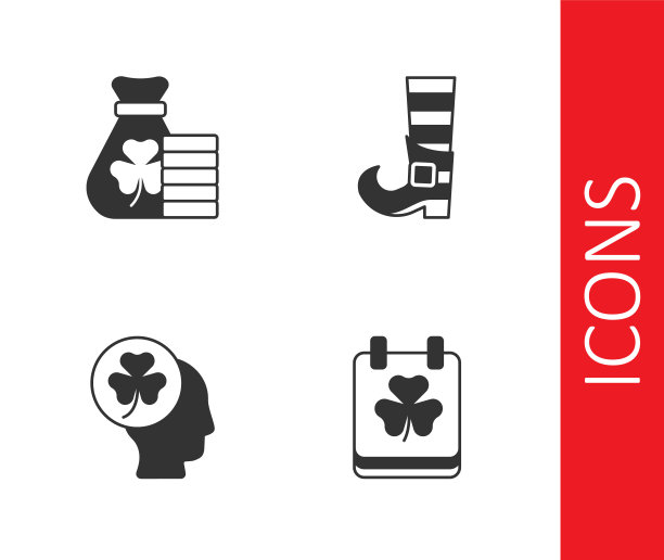 设置圣帕特里克日日历，钱袋三叶草，头三叶和妖精靴子图标。向量图片下载