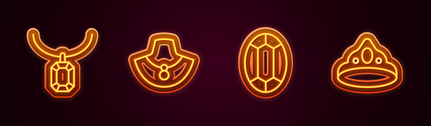 设置线吊坠项链，项链人体模型，宝石和国王皇冠。发光的霓虹灯图标。向量图片下载