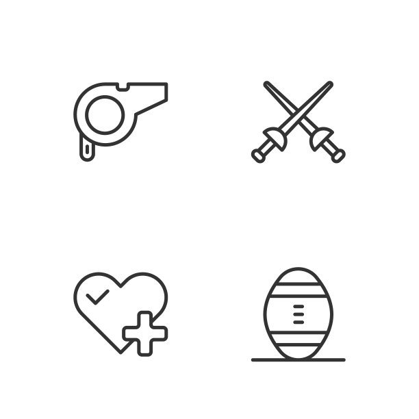 设置线美式足球，心率，哨子和击剑图标。向量图片下载