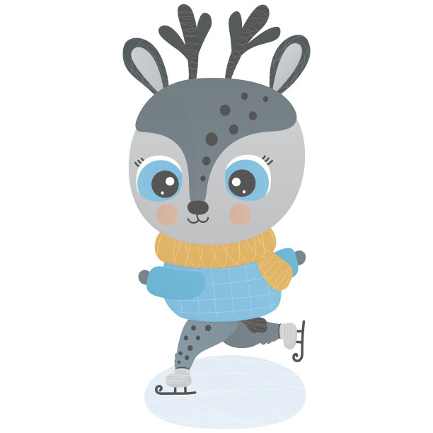 一只可爱的小驯鹿在冰上滑冰。白色背景。圣诞孤立儿童插图。有趣的动物。冬季卡通人物印刷，托儿所设计，贴纸，婴儿服装。向量图片下载
