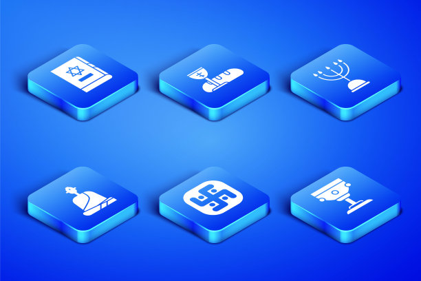 设置基督教圣餐杯，犹太教律法书，耆那教，佛教僧侣，第一次圣餐符号和光明节烛台图标。向量图片下载