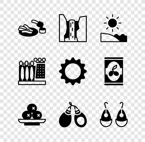 设置Churros和巧克力，Algar瀑布，海滩，橄榄在盘子，Castanets，耳环，大理博物馆和太阳图标。向量图片下载